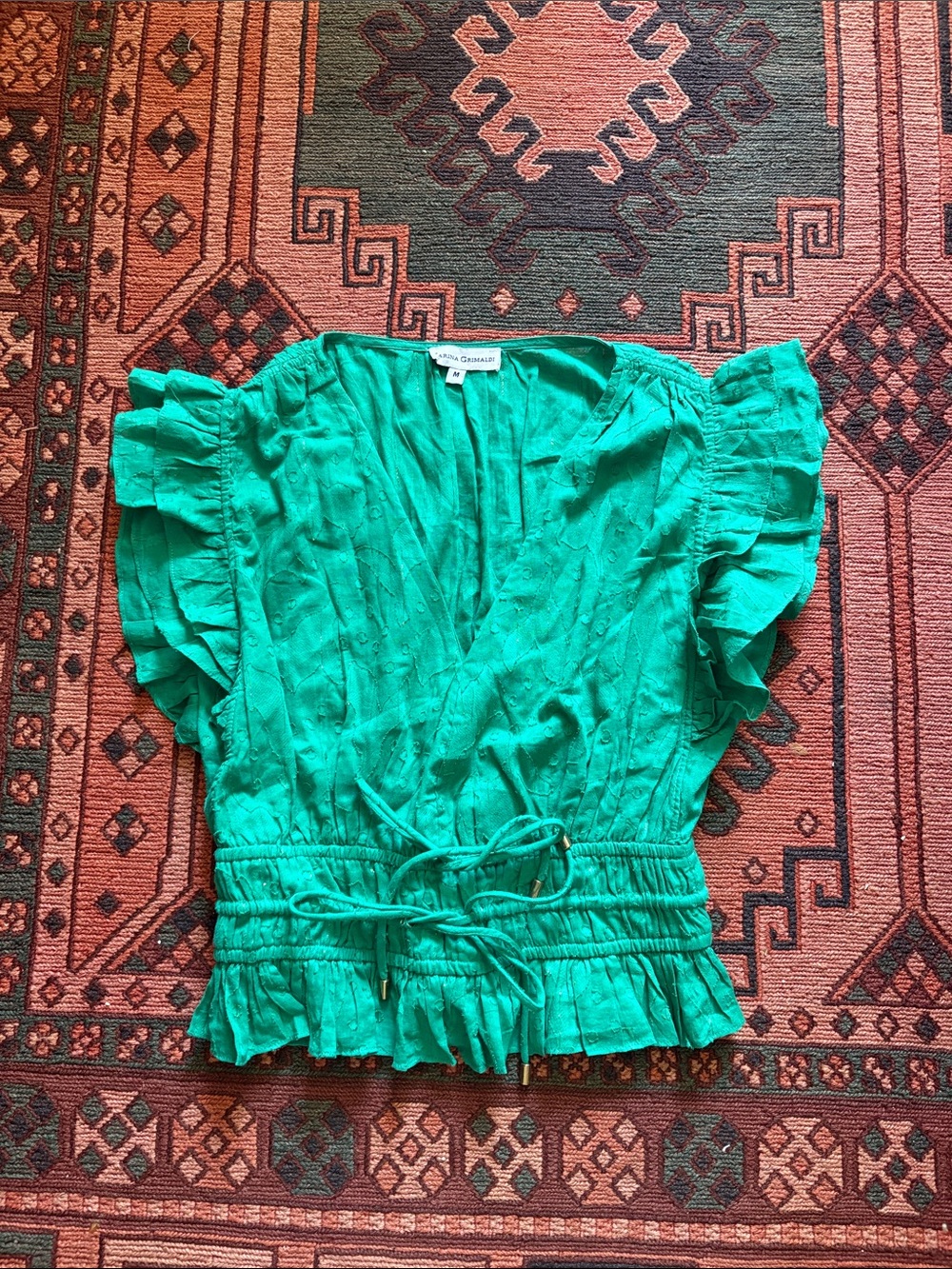 Karina Grimaldi Emerald Green Ruffled Wrap Tie Blouse